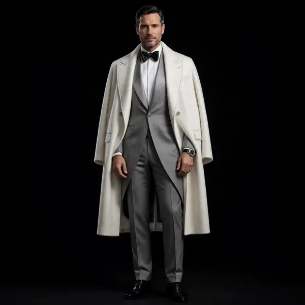 IVORY VICUNA CASHMERE CAPE TUXEDO - Cream White Grey Layered Cape Long Coat Suit - BILLIONAIRE-0019 - Buy ivory cream grey Cape Tuxedo Online