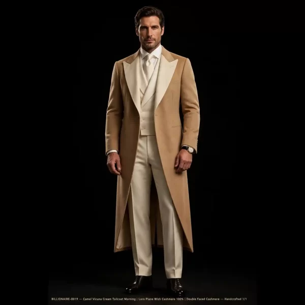 CAMEL VICUNA CREAM TAILCOAT MORNING - Beige Double Lapel Long Frock Coat with Cream Vest - BILLIONAIRE-0019 - Buy camel beige cream Cape Tuxedo Online