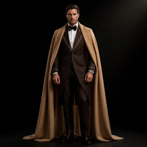CHOCOLATE VICUNA CAPE TUXEDO - Brown Embroidered Lapel Long Frock with Camel Cape - Buy chocolate brown camel Cape Tuxedo Online