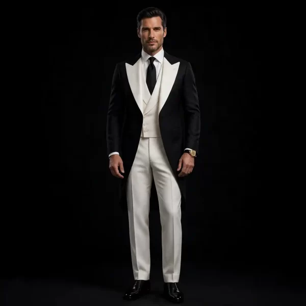 BLACK AND WHITE TUXEDO MORNING COAT - Black Tailcoat with White Lapel and White Waistcoat - Buy black and white Cape Tuxedo Online