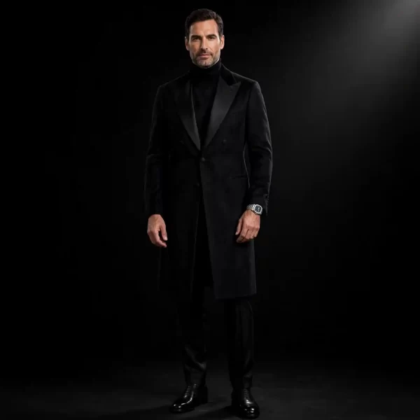BLACK VELVET TURTLENECK TUXEDO COAT - Double Breasted Satin Peak Lapel Long Coat - Buy jet black velvet Cape Tuxedo Online