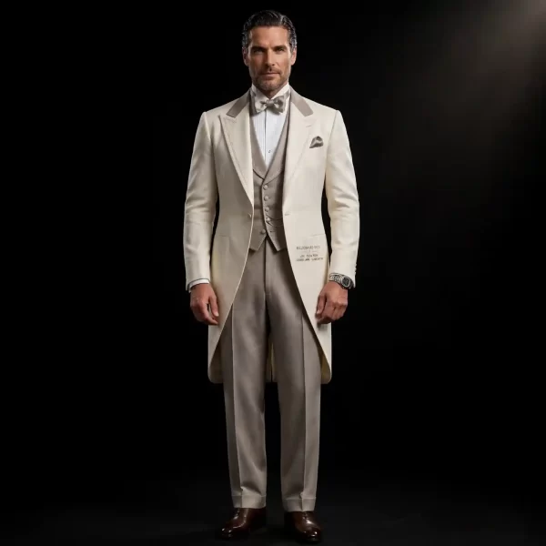 ivory taupe morning tailcoat tuxedo peak lapel billionaire 0015