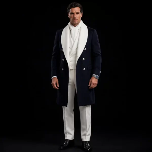 midnight navy ivory shawl overcoat tuxedo double breasted long coat