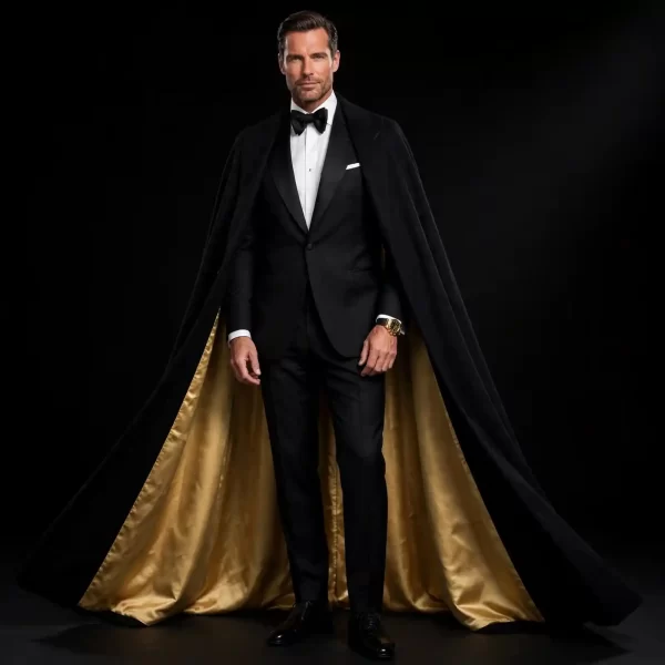 black gold satin lined opera cape tuxedo peak lapel billionaire