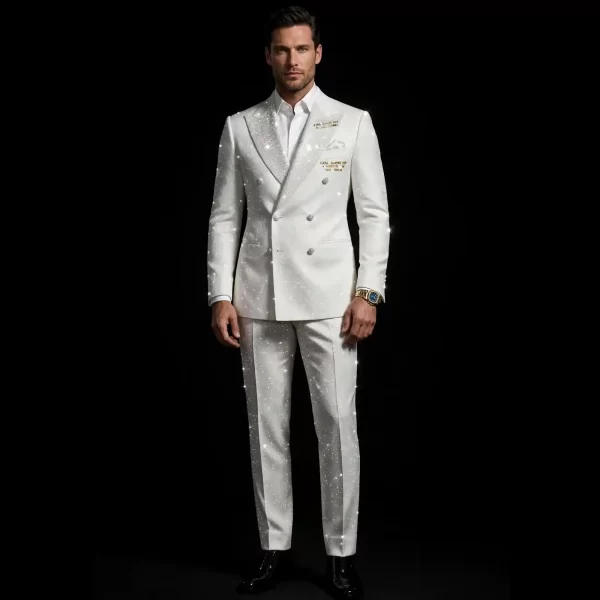 WHITE DIAMOND STARDUST TUXEDO - Ivory Double Breasted Glitter Pearl Button Suit - Buy white ivory diamond stardust Tuxedo Online