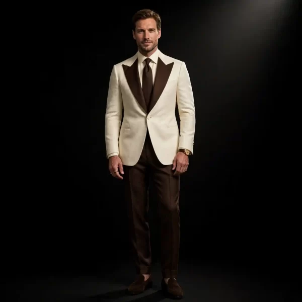 IVORY BROWN CONTRAST PEAK TUXEDO - Cream and Chocolate Brown Double Tone Suit - Buy ivory cream brown chocolate Tuxedo Online