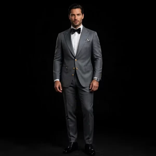 STEEL GREY GOLD BUTTON TUXEDO - Grey Peak Lapel Formal Suit with Gold Buttons - Buy steel grey Tuxedo Online
