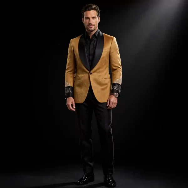GOLD BLACK CUFF EMBROIDERED TUXEDO - Mustard Gold Velvet Shawl Lapel Suit with Baroque Cuffs - Buy gold mustard black Tuxedo Online