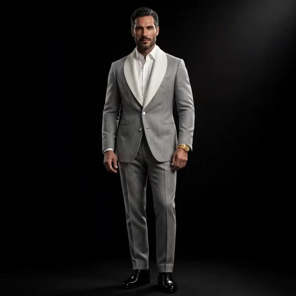 mens pearl grey shawl collar tuxedo ivory velvet lapel v monogram suit