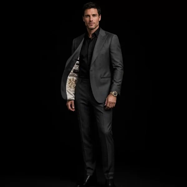 charcoal grey crest lining reveal tuxedo black shirt gala suit