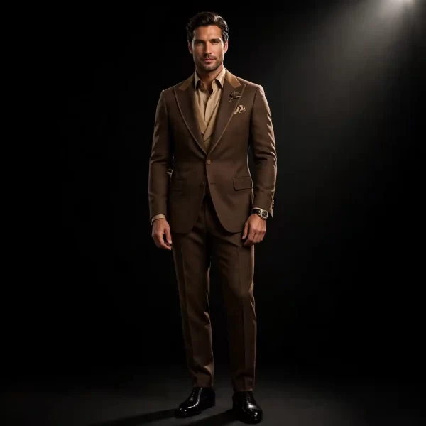 chestnut brown peak lapel three piece tuxedo tan waistcoat gala