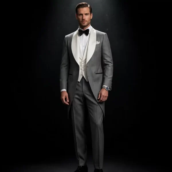 slate grey shawl tailcoat tuxedo ivory satin shawl long tail cutaway bow tie