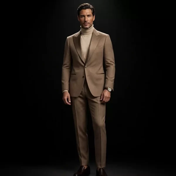 taupe beige turtleneck peak lapel tuxedo two button minimal gala