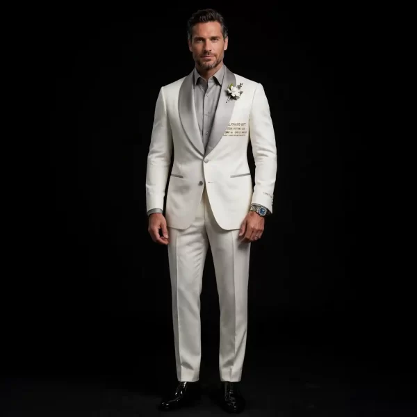 ivory white silver shawl tuxedo grey shirt boutonniere billionaire 0077