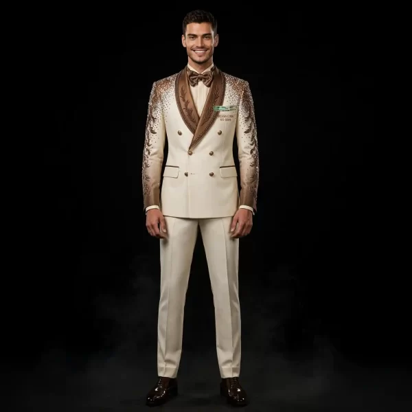 IVORY BROWN CRYSTAL SHOULDER EMBROIDERED TUXEDO - DESIGN CODE NX-0009 Double Breasted - Buy ivory cream brown crystal Tuxedo Online