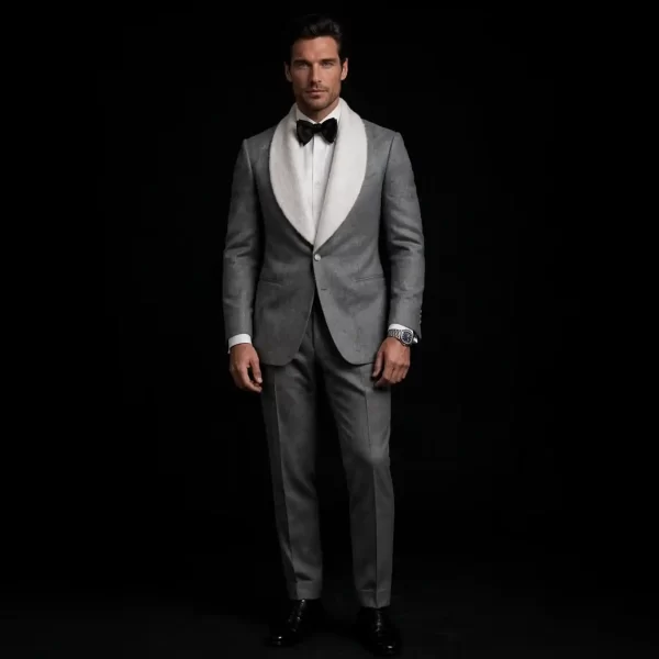 GREY WHITE FUR SHAWL TUXEDO - Light Grey Mink Shawl Lapel Single Button Suit - Buy grey white fur Tuxedo Online