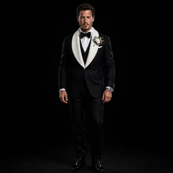 BLACK WHITE FUR SHAWL 3 PIECE TUXEDO - Black and White Mink Lapel With Boutonniere - Buy black white fur Tuxedo Online