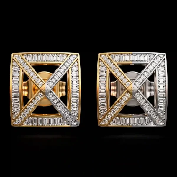 Two Tone Baguette Diamond X Square Stud Earrings