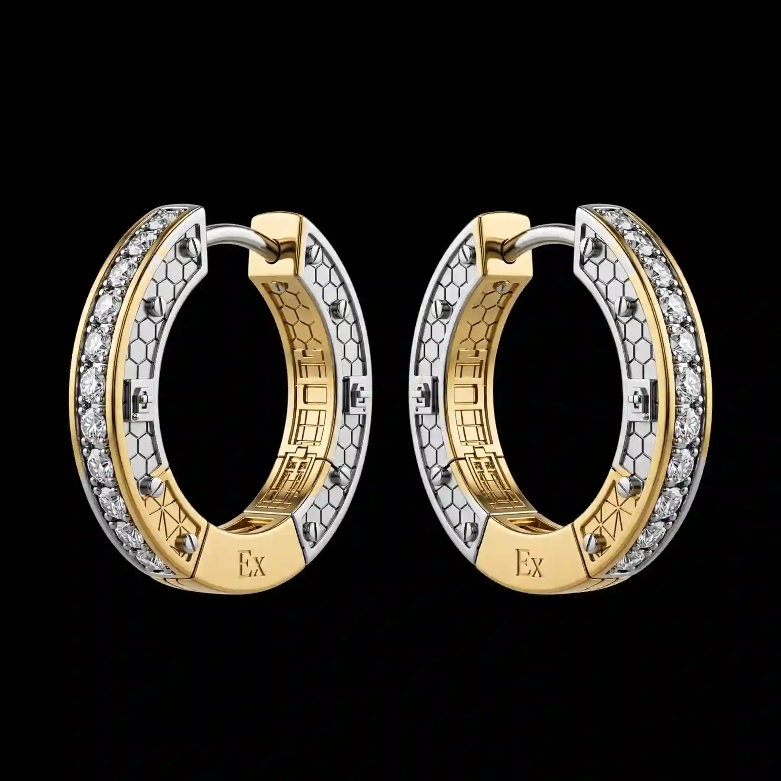 Vault Armor Gold Diamond Honeycomb Industrial Hoop Earrings