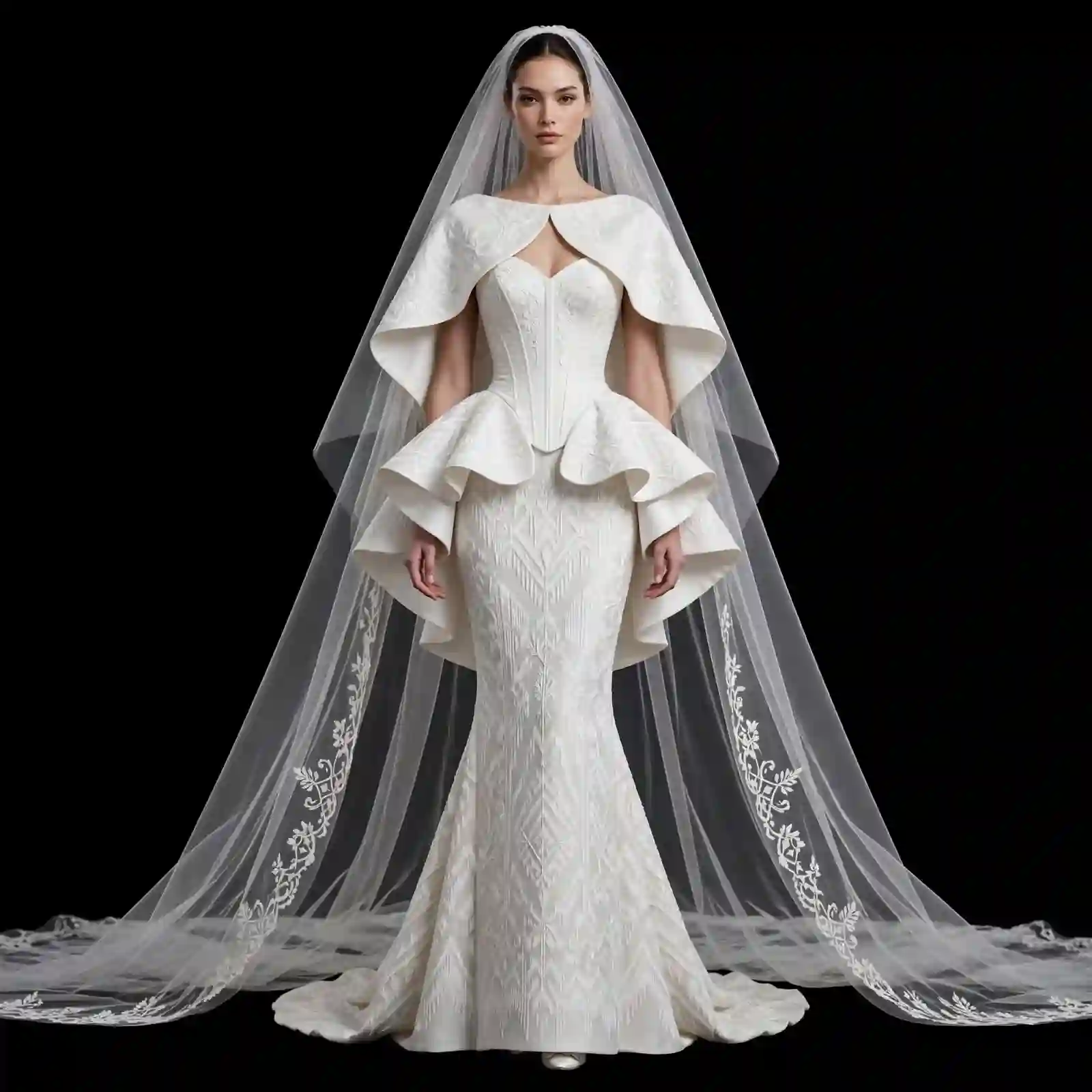 ExpensiveE White Peplum Origami Ruffle Tribal Geometric Mermaid Wedding Gown with Vine Veil