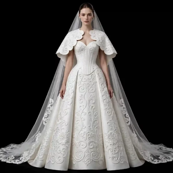 ExpensiveE  ExpensiveE  Ivory Champagne Fan Pleated Art Deco Bridal Saree with Corset Lace Up and Cathedral Halo - ExpensiveE Edition