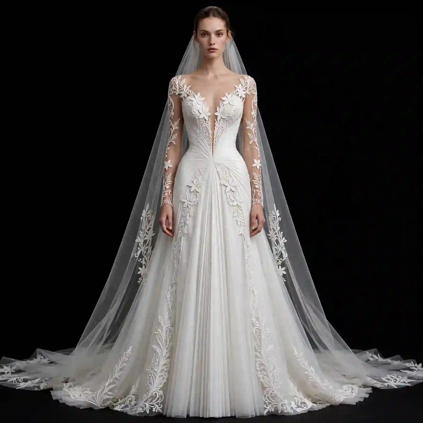 ExpensiveE White Floral Leaf Vine Sculpted Pleated Mermaid Wedding Gown with Botanical Veil