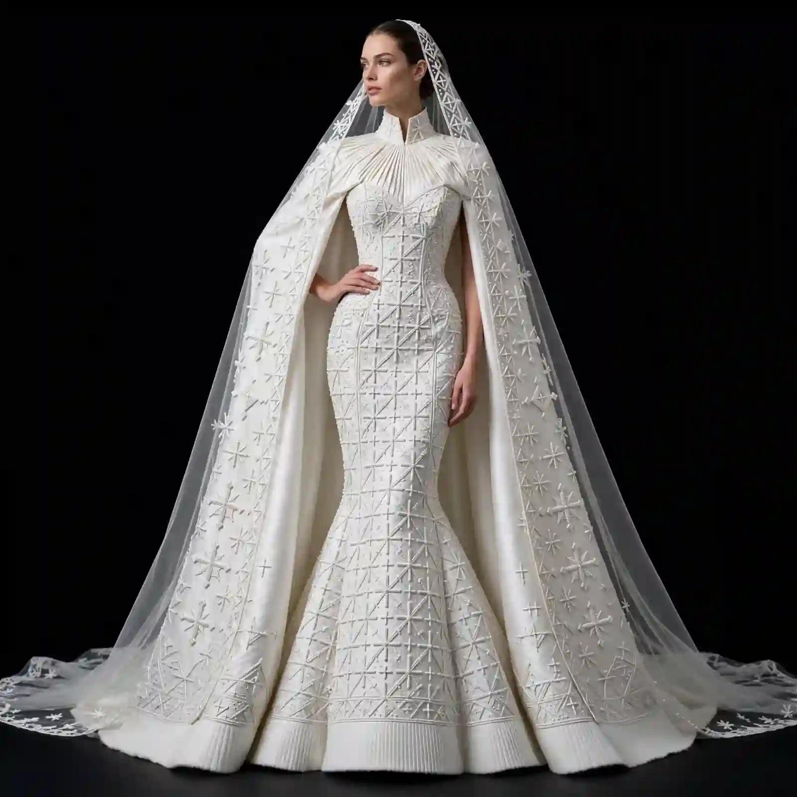 ExpensiveE White Snowflake Starburst Lattice Cape Mermaid WeddingGown with Star Snowflake Cape Veil