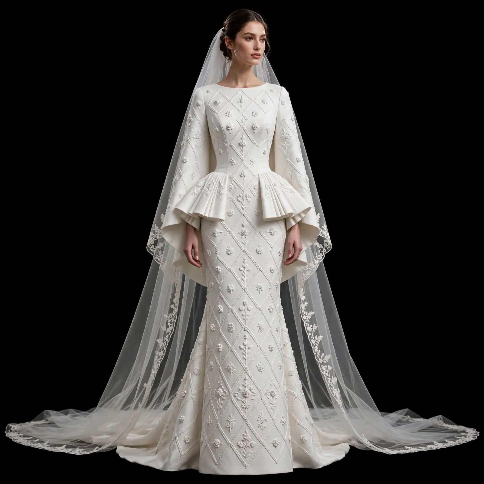 ExpensiveE Ivory White Diamond Lattice Floral Peplum Bell Sleeve Mermaid Bridal Gown with Floral Lace Veil
