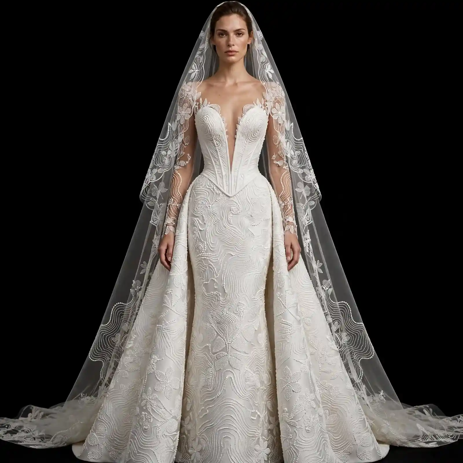 ExpensiveE White Deep V Plunge Pearl Beaded Leaf Wave Mermaid Overskirt BridalGown with Floral Veil