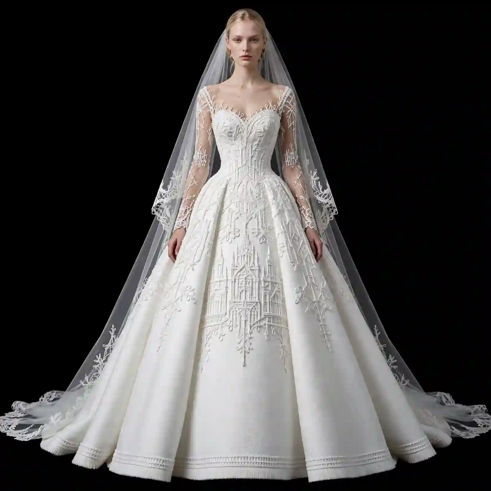 ExpensiveE White Cathedral Gothic Castle Architectural Embroidered Ball Gown Bridal Dress with Long Lace Sleeves
