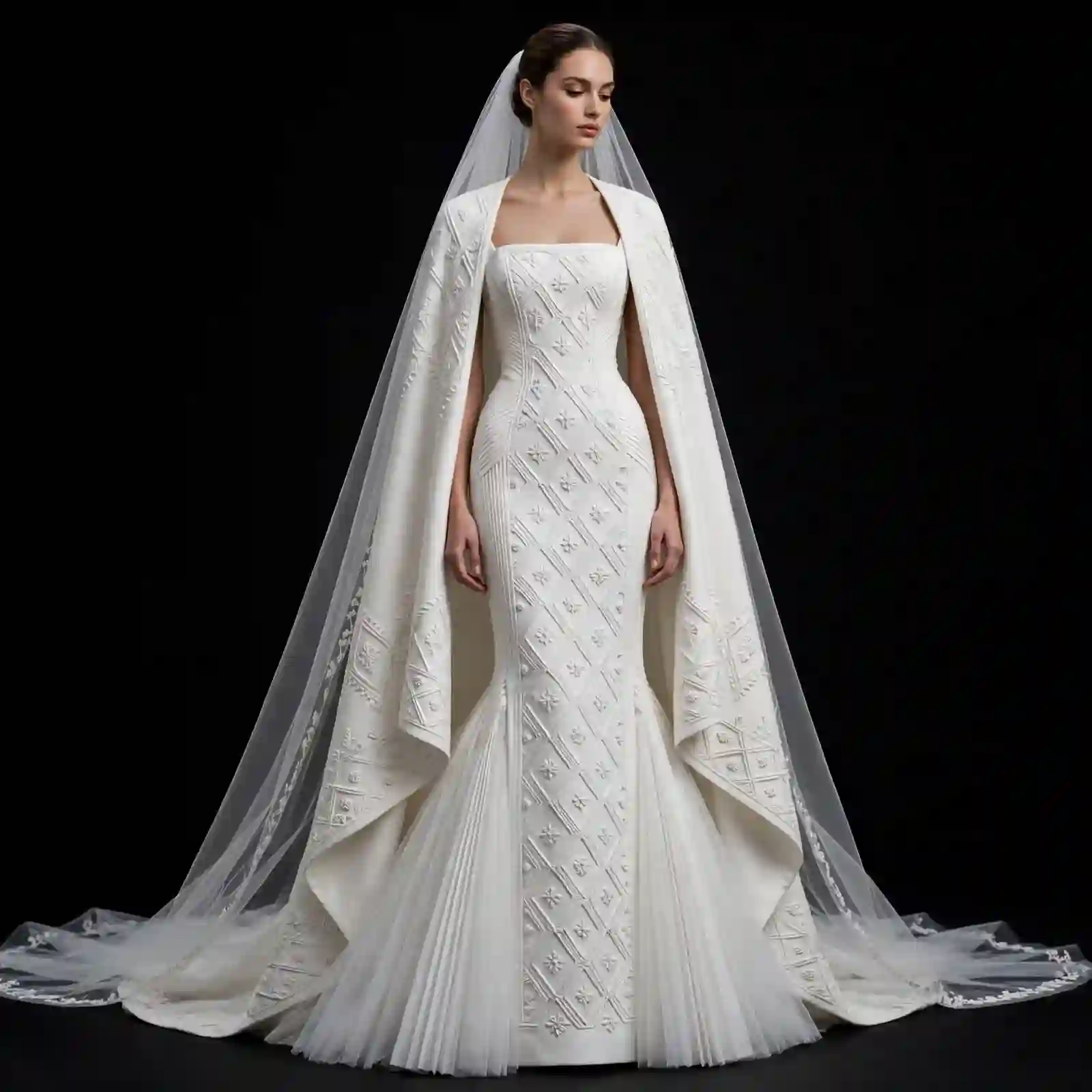 ExpensiveE ExpensiveE Peach Blush Botanical Leaf 3D Embroidery Cape Mermaid Wedding Gown with Cathedral Veil Train - ExpensiveE Edition