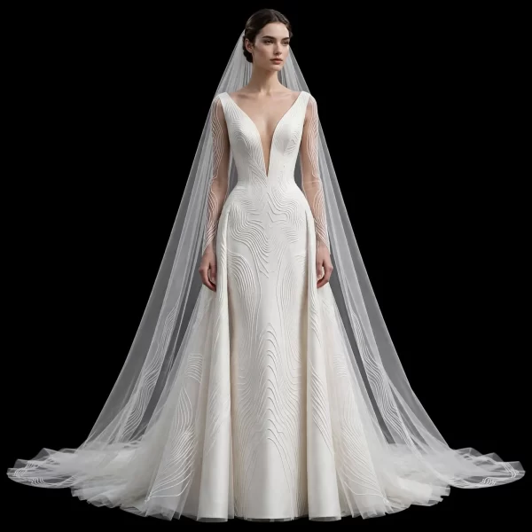 ExpensiveE  ExpensiveE  Peach Gold Mountain Wave Cherry Blossom Embroidered Cape Mermaid Wedding Gown with Cathedral Veil - ExpensiveE Edition