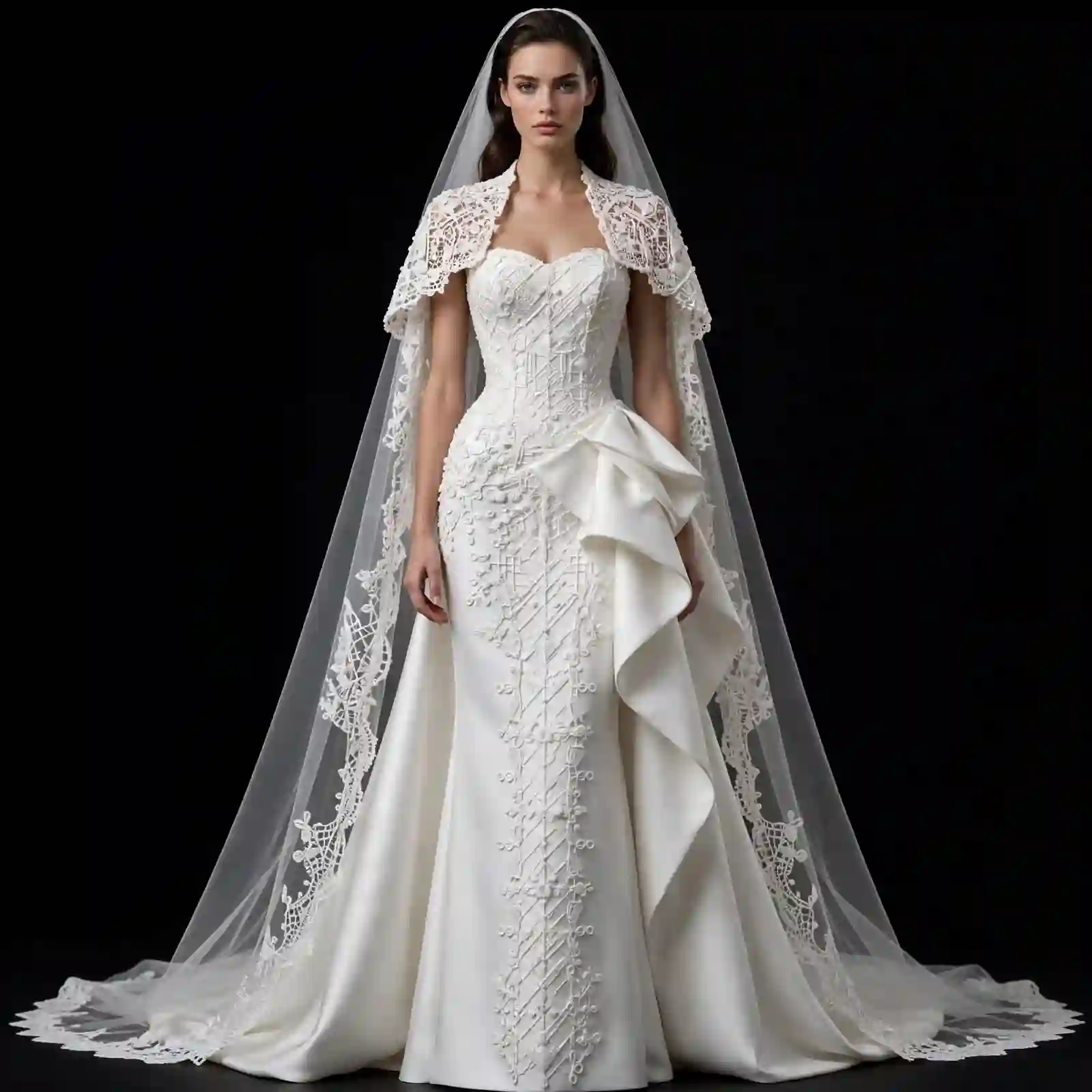 ExpensiveE ExpensiveE Crimson Red Geometric Maze Corset Mermaid Wedding Gown with Draped Knot and Sheer Lattice Sleeve and Cathedral Veil - ExpensiveE Edition