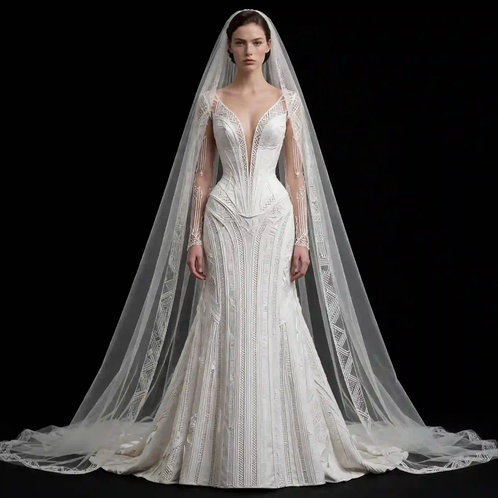 ExpensiveE White Tribal Art Deco Linework Deep V Plunge Mermaid Bridal Gown with Geometric Veil and Long Lace Sleeves