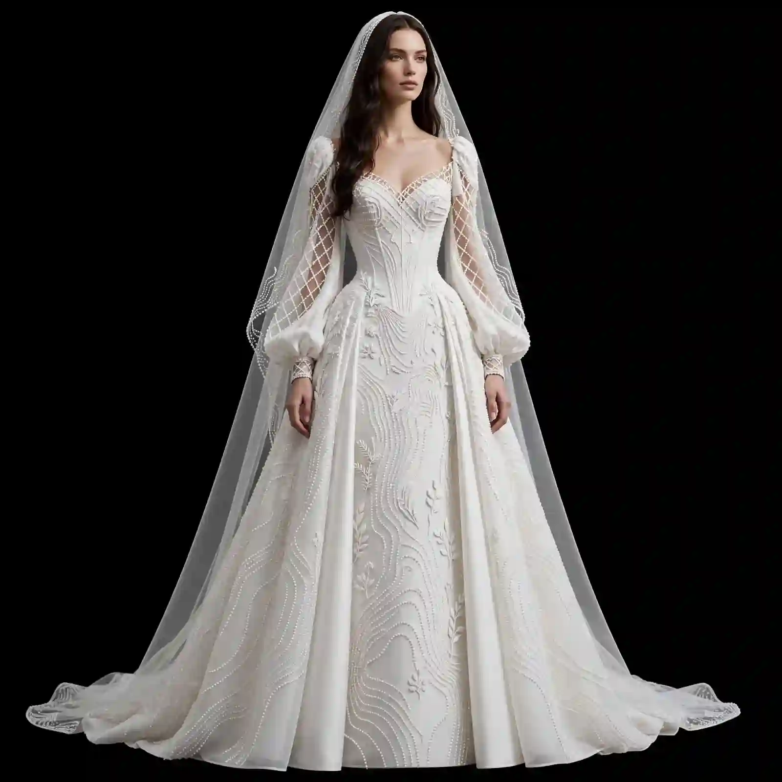 ExpensiveE White Topographic Pearl Wave Bishop Sleeve MermaidGown