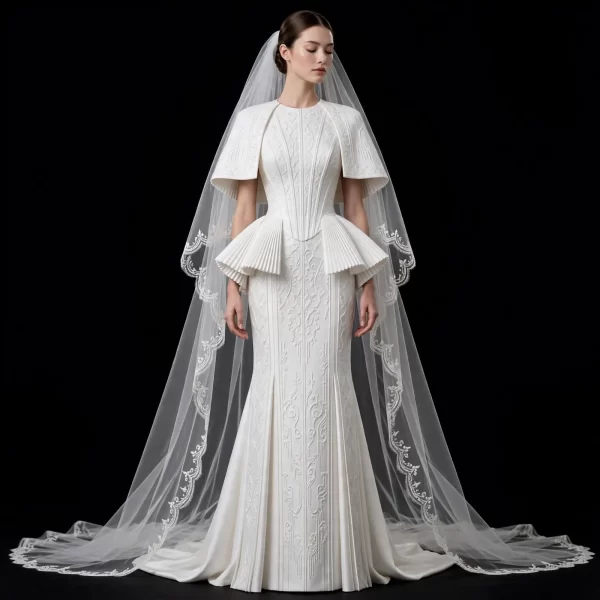ExpensiveE  White Sculptural Peplum Fan Baroque Corset Mermaid Gown with Baroque Veil