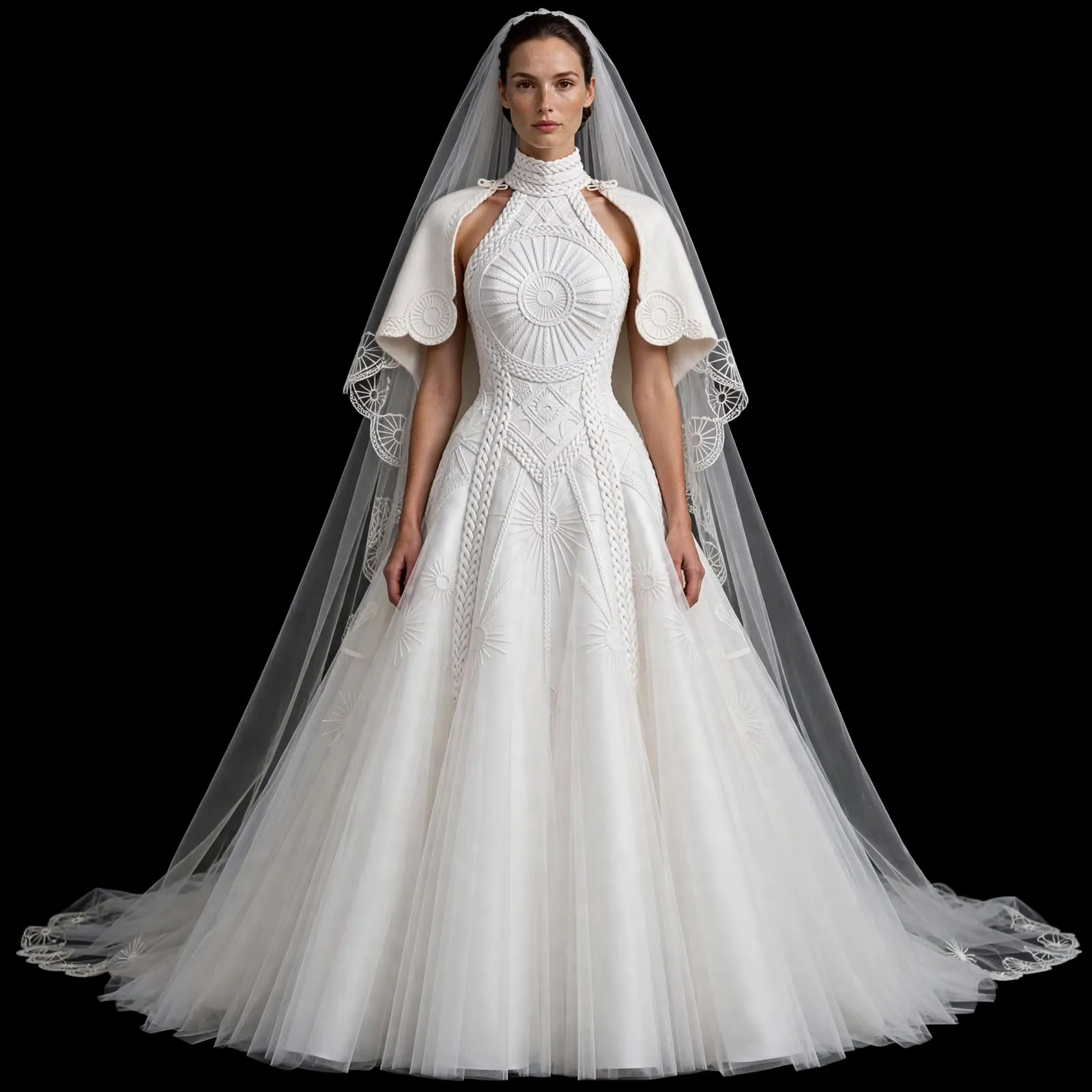 ExpensiveE ExpensiveE Ivory White Olive Green Protea Floral Embroidered Capelet Pleated Dress - ExpensiveE Edition