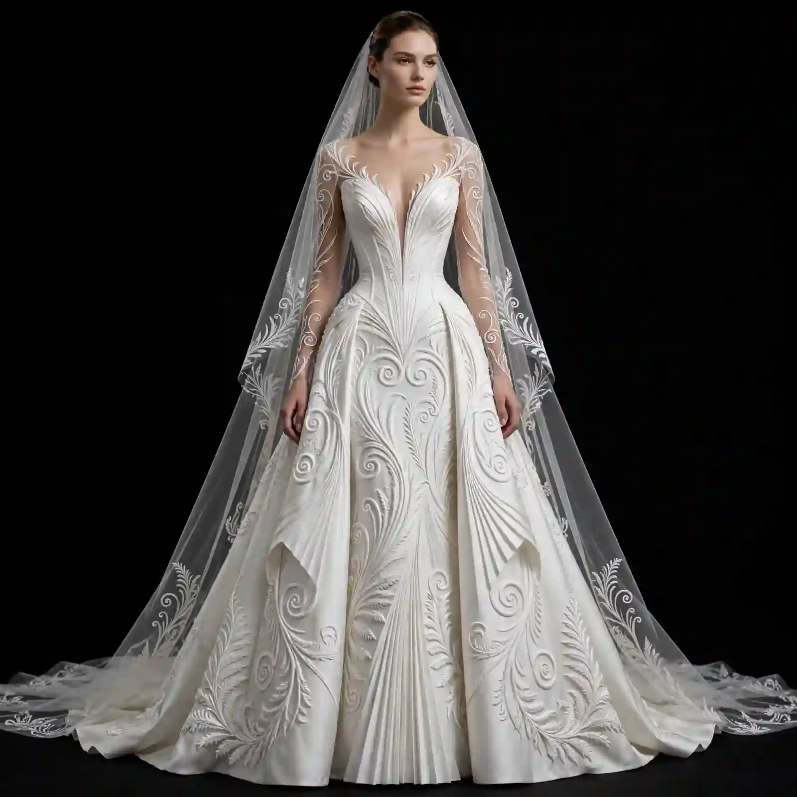 ExpensiveE Baroque Fern Deep V Pleated MermaidGown