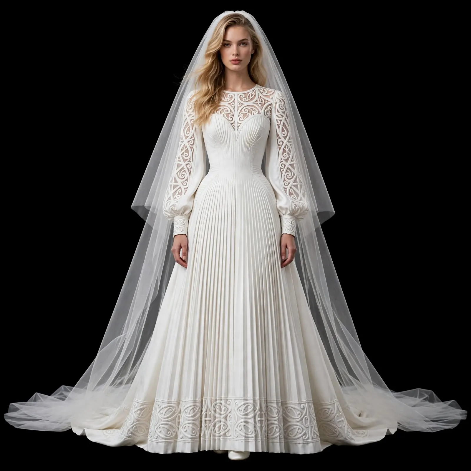 Maori Koru ExpensiveE Pleated Bishop Sleeve A-LineGown