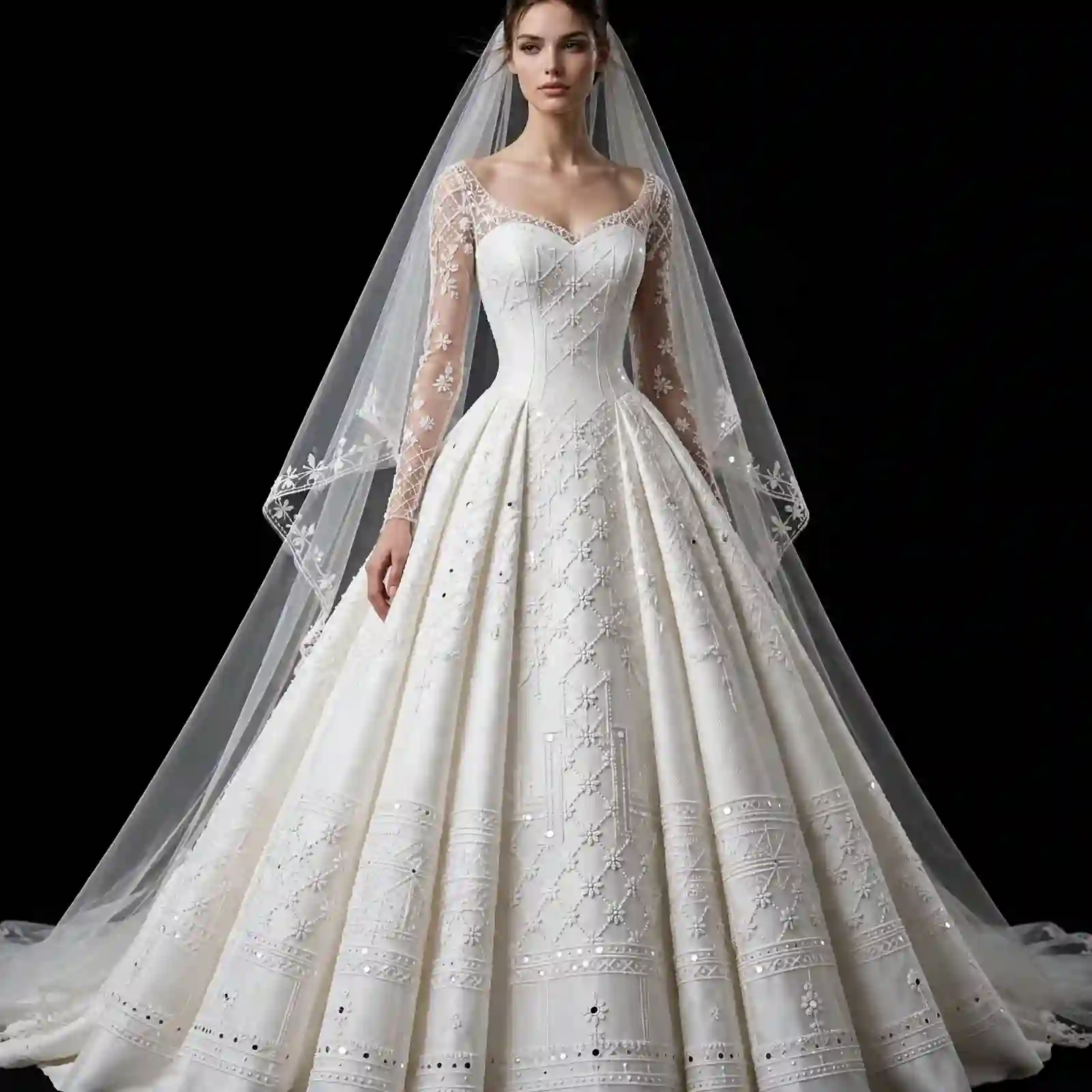 Mirror Diamond ExpensiveE Long Sleeve Ballgown with Veil