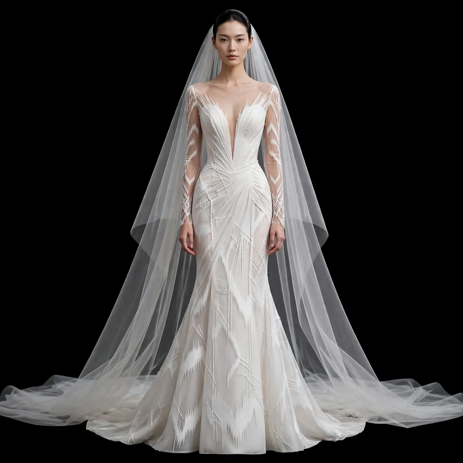 ExpensiveE Ikat Feather Plunge Mermaid CoutureGown