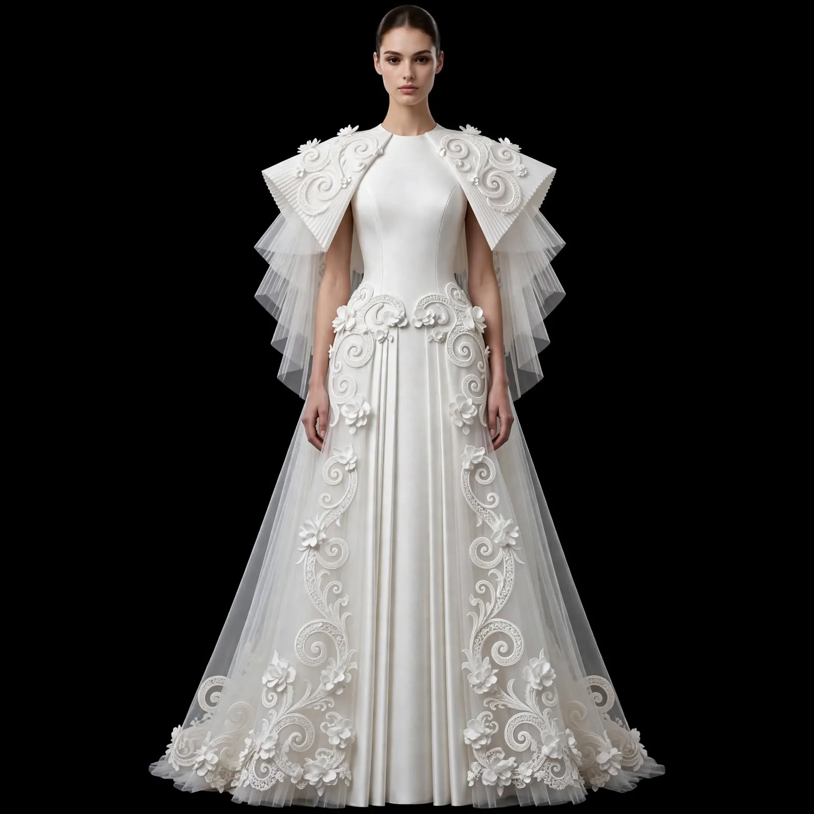 ExpensiveE Baroque Blossom Sculptural Cape A-LineGown