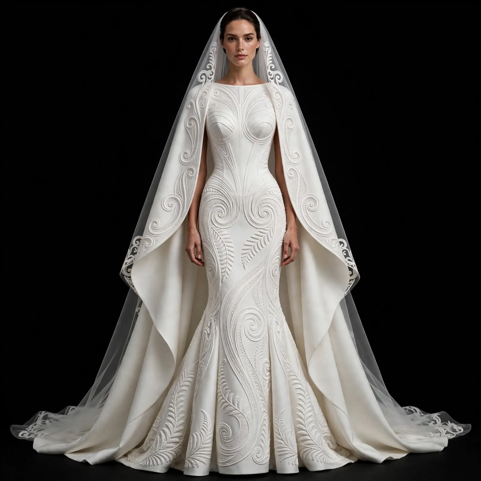 Baroque Swirl Fern ExpensiveE Veil Mermaid Gown