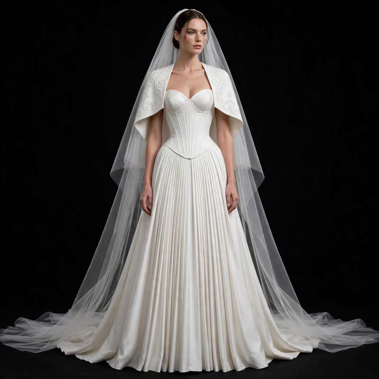 ExpensiveE White Minimalist Corset Pleated A-LineGown with Swirl Capelet - ExpensiveE Quiet Luxury