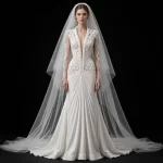 ExpensiveE  Ivory White Sunburst Fan Braid Hexagon Mermaid BridalGown with Deep V Braid Trim and Pleated Skirt