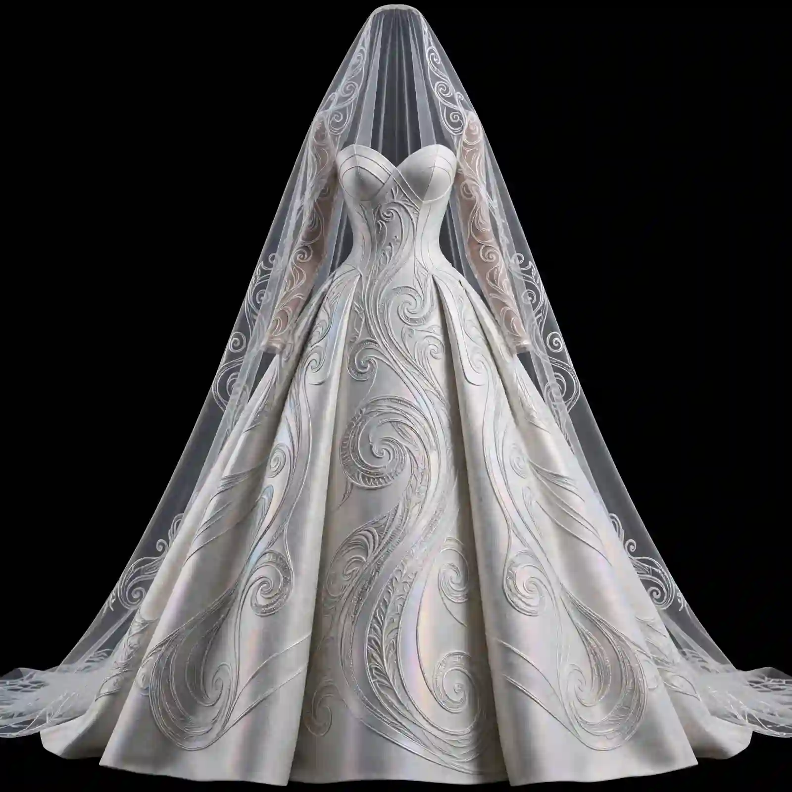 ExpensiveE White Paisley Swirl Ball Gown with Veil Hood - ExpensiveE Baroque Wave Couture