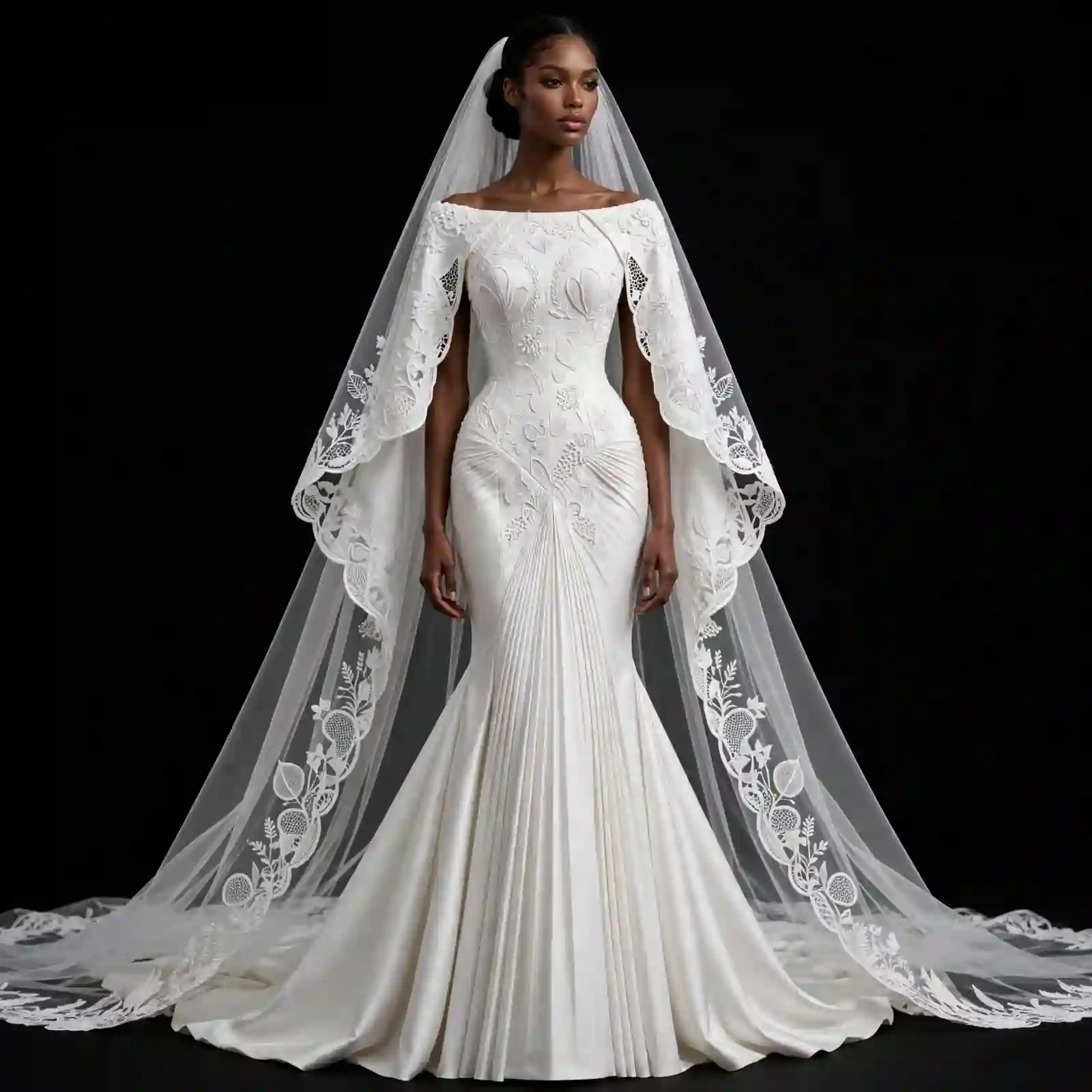 ExpensiveE White Off-Shoulder Leaf Lace Scalloped Cape Mermaid Gown - ExpensiveE Garden Sculpture