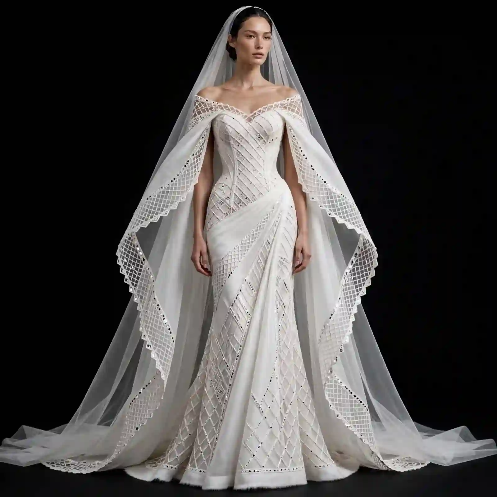 ExpensiveE White Diamond Mirror Lattice Draped Cape Mermaid Wedding Gown with Diamond Cape Veil