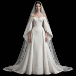 ExpensiveE  ExpensiveE  White Art Nouveau Swirl Ball Gown Wedding Dress with Illusion Lace Long Sleeves and Embroidered Veil - ExpensiveE Bridal Edition