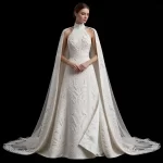 ExpensiveE  ExpensiveE  White Star Snowflake Geometric Pleated V-Neck Mermaid WeddingGown with Illusion Sleeves and Veil - ExpensiveE Bridal Edition
